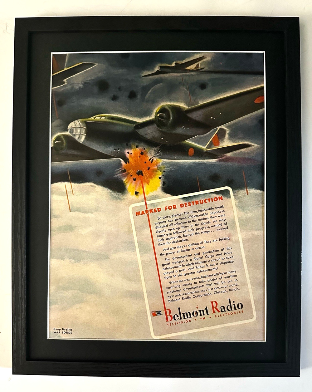 Framed 1943 Belmont Radio Radar PRINT AD WW2 US Navy Air Corps Airplane Bomber
